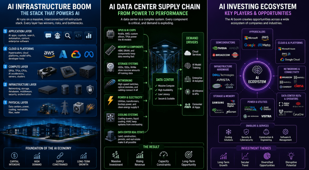 AI infrastructure boom diagram showing data centers chips power grid storage and networking
