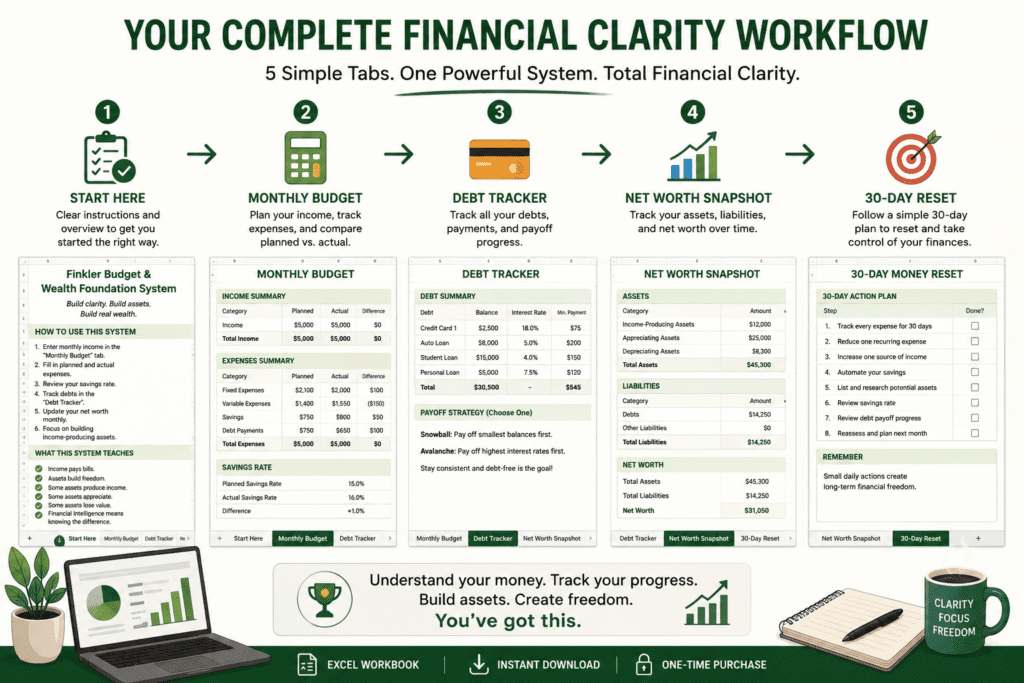 Infographic showing the FinklerFunds financial clarity workflow with Start Here, Monthly Budget, Debt Tracker, Net Worth Snapshot, and 30-Day Reset steps.