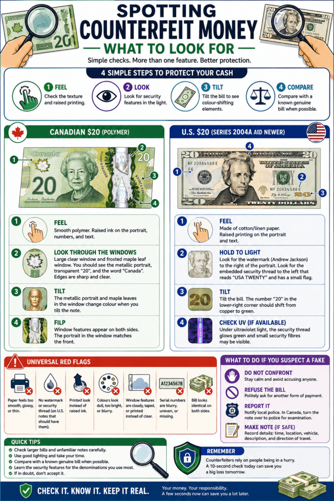 Infographic explaining how to spot counterfeit Canadian and U.S. money using four steps: feel, look, tilt, and compare, with common red flags and reporting advice.