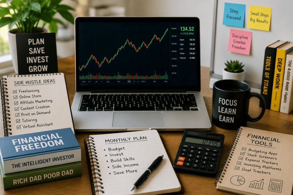 Personal finance workspace with laptop stock chart, calculator, financial tools notebook, side hustle ideas, and monthly money plan.