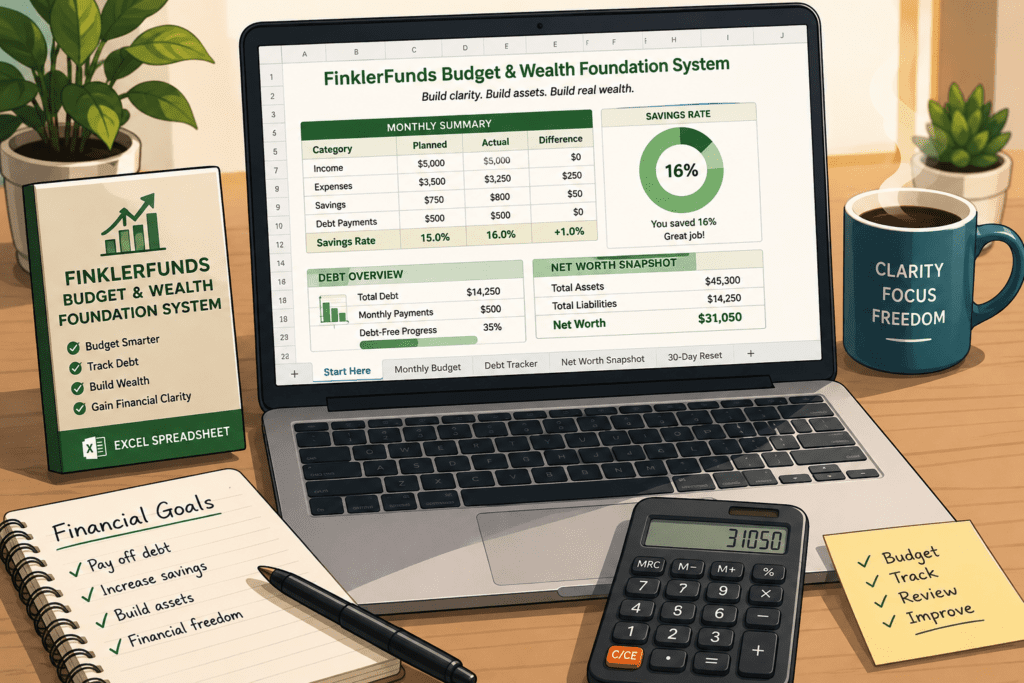 Cartoon laptop showing the FinklerFunds Budget and Wealth Foundation System Excel spreadsheet with calculator, notebook, and financial planning tools.