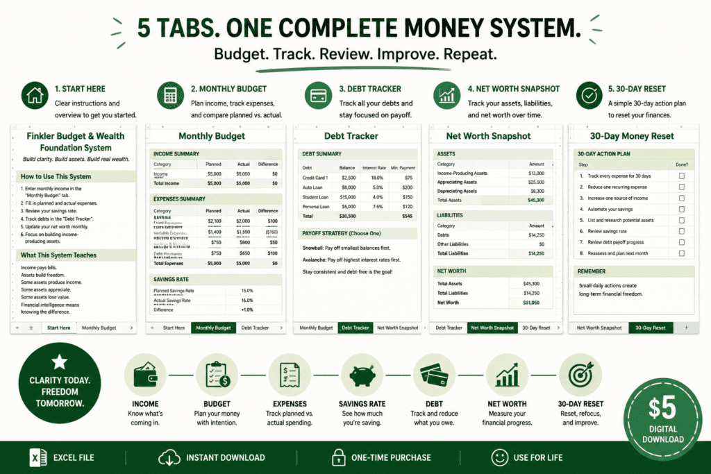 Preview of the five-tab FinklerFunds Excel workbook showing Start Here, Monthly Budget, Debt Tracker, Net Worth Snapshot, and 30-Day Money Reset sections.