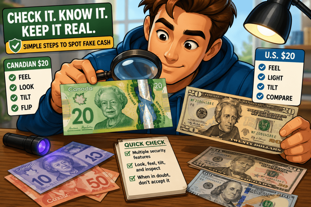 Cartoon illustration of a person using a magnifying glass to inspect Canadian and U.S. $20 bills for counterfeit security features.