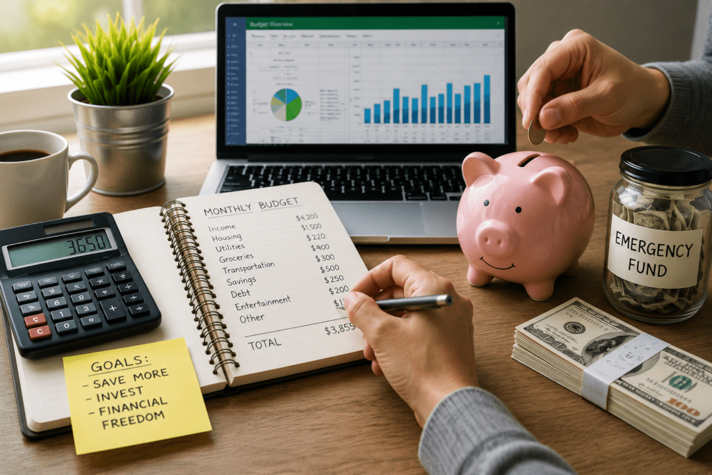 Personal finance budgeting workspace with laptop spreadsheet, calculator, notebook, piggy bank, cash, and emergency fund jar.