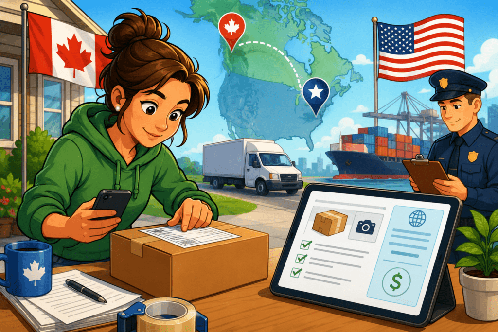 Cartoon illustration of a Canadian small-business seller preparing a parcel for the United States, with a customs form, shipping app, delivery truck, Canadian and U.S. flags, and a border officer.