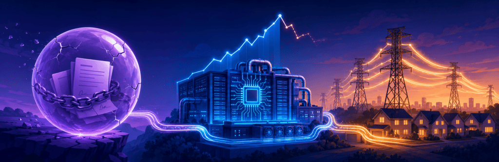 Panoramic illustration connecting a cracking private-credit bubble, an AI data centre, and a strained electrical grid supplying nearby homes.