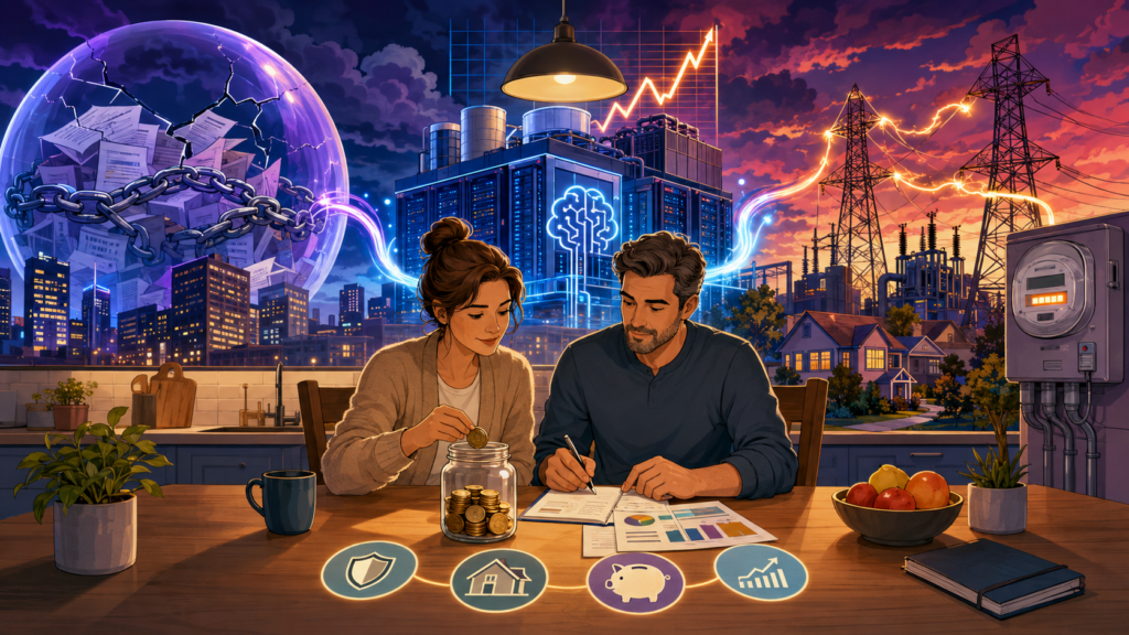 Cartoon illustration of a couple preparing their finances as private credit, AI data centres, and power-grid pressures threaten the economy.