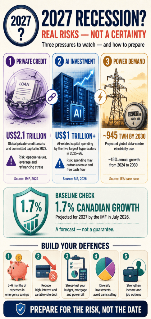 Infographic summarizing private-credit, AI-investment, and electricity-demand risks with five practical ways to prepare for a possible 2027 recession.