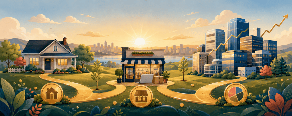 Panoramic illustration connecting homeownership, business ownership, and diversified shares through three golden paths.