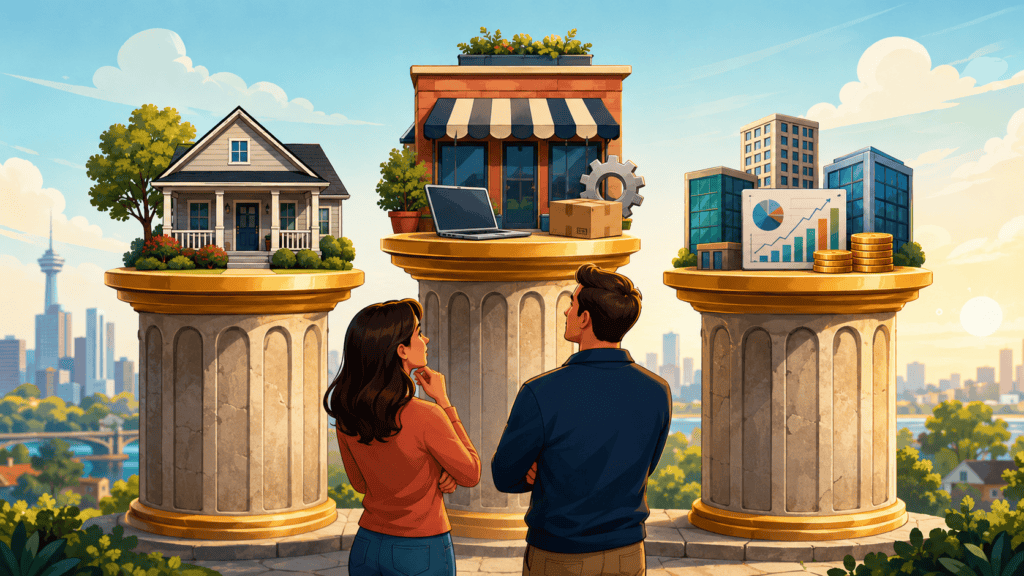 Cartoon illustration of a house, small business, and company shares representing three pillars of building wealth.