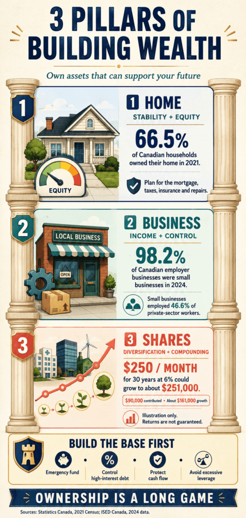 Infographic explaining how owning a home, building a business, and investing in diversified shares can support long-term wealth.