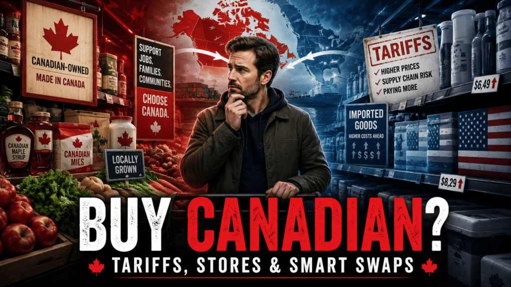 Canadian shopper choosing between Canadian-made products and imported U.S. goods during tariff tensions
