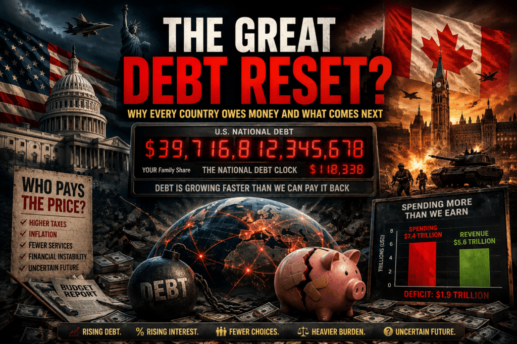 The Great Debt Reset featured image showing rising U.S. and Canadian debt, war costs, inflation and government deficits