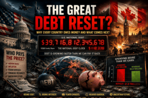 The Great Debt Reset featured image showing rising U.S. and Canadian debt, war costs, inflation and government deficits