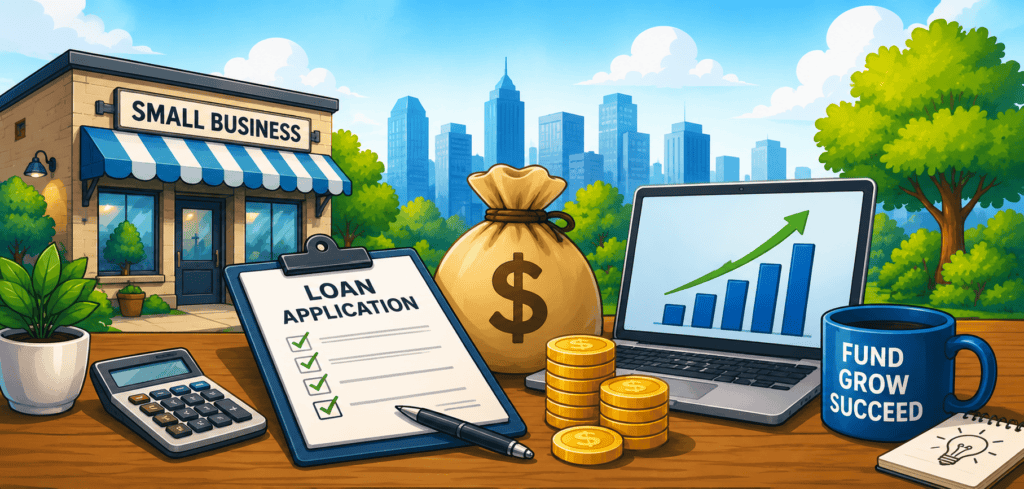 Wide cartoon banner showing a small business storefront, loan application, calculator, money bag, coins, and laptop with a business growth chart.