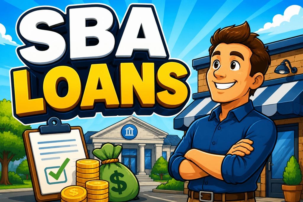 Cartoon illustration of a small business owner with SBA loan documents, a bank, cash, and a storefront representing small business financing.