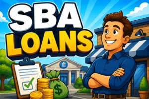 Cartoon illustration of a small business owner with SBA loan documents, a bank, cash, and a storefront representing small business financing.