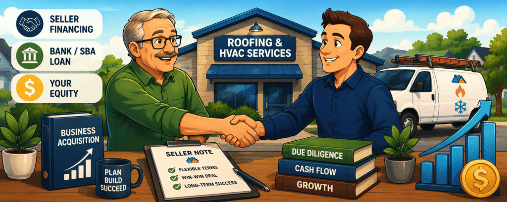 Wide cartoon banner showing a seller and buyer completing a business acquisition deal with financing documents, growth charts, and an HVAC service business.