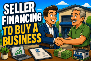 Cartoon illustration of a buyer and retiring business owner shaking hands outside a small business, representing seller financing to buy a business.