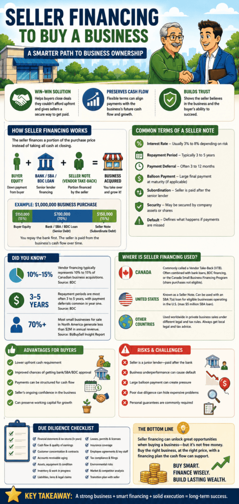 Seller financing infographic explaining buyer equity, bank or SBA loans, vendor take-back notes, key terms, risks, and due diligence when buying a business.