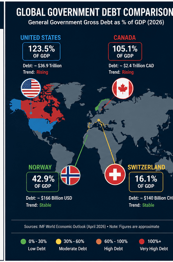 Global government debt comparison for the United States, Canada, Norway and Switzerland in 2026
