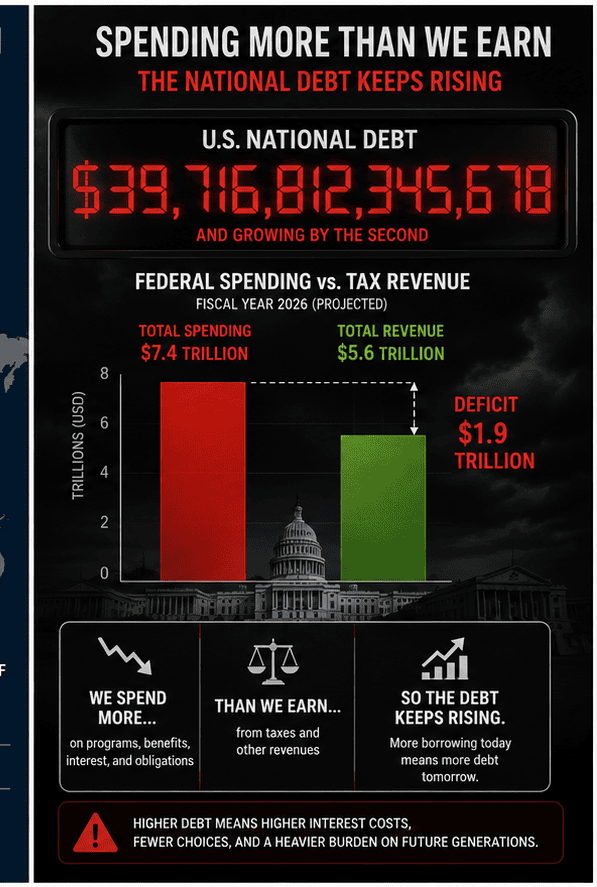 U.S. national debt clock comparing federal spending, tax revenue and the projected budget deficit