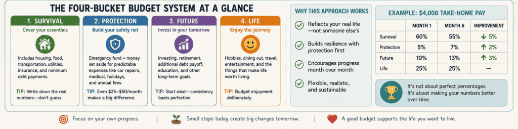 Four-Bucket Budget infographic showing Survival, Protection, Future, and Life categories with example budget percentages and progress over time.