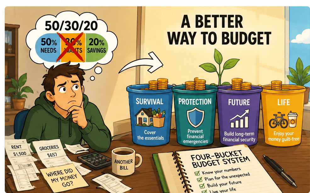 Cartoon illustration comparing the 50/30/20 budget rule with the Four-Bucket Budget system for better money management.