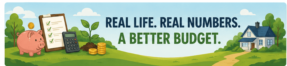 Personal finance banner showing budgeting, savings, planning, and long-term financial goals with a flexible real-life budget theme.