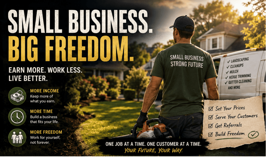 Landscaping business owner building a profitable local service company for more income, time and freedom