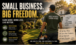 Landscaping business owner building a profitable local service company for more income, time and freedom