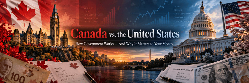 Canada vs United States government comparison showing Parliament, the U.S. Capitol, Canadian and American currency, taxes and financial markets.