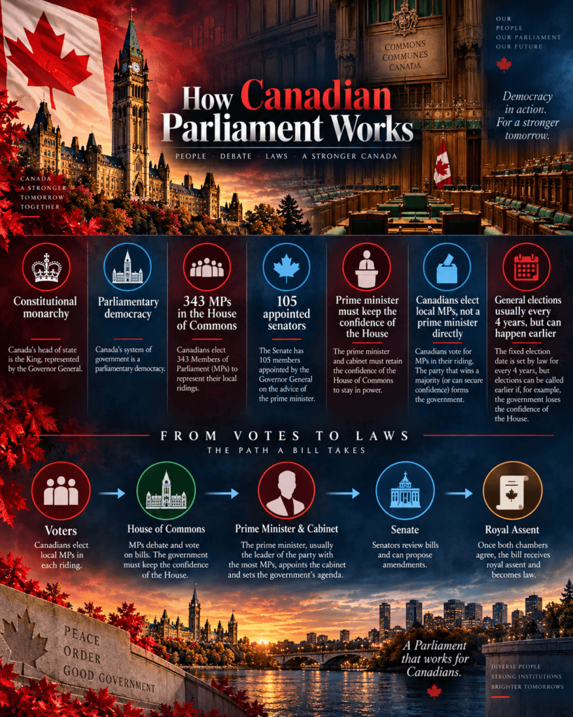 Infographic explaining how Canadian Parliament works, including the House of Commons, Senate, prime minister, confidence votes and Royal Assent.