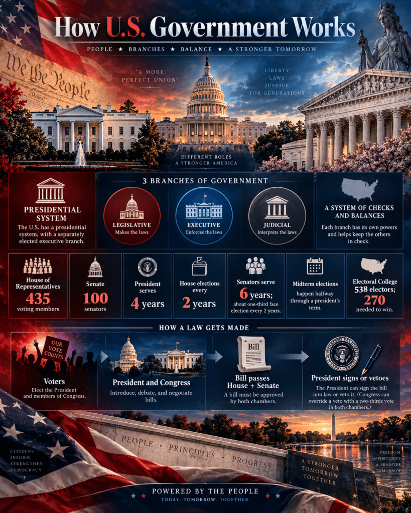 Infographic explaining the U.S. government system with Congress, the president, three branches of government, midterm elections and the Electoral College.