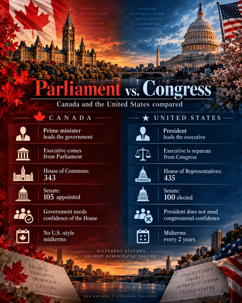 Canada vs U.S. government infographic comparing MPs, Congress, Senate seats, election cycles, midterms, taxes, spending, trade and financial policy.