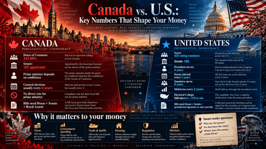 Canada vs United States government comparison showing Parliament, the U.S. Capitol, Canadian and American currency, taxes and financial markets.