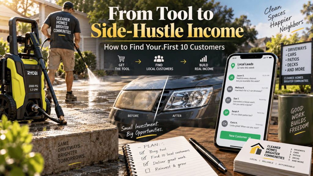 Side-hustle marketing banner showing pressure washing, headlight restoration, local customer leads and the path from buying tools to earning income. Title: How to Find Local Customers for Your Side Hustle