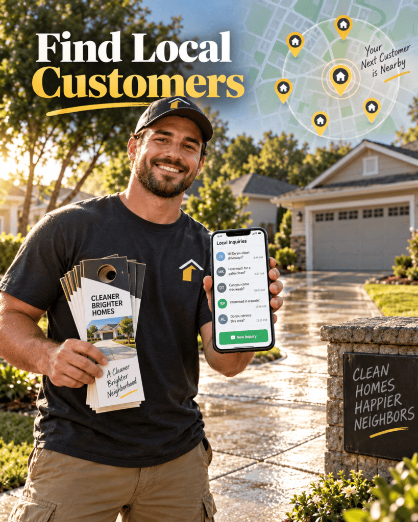 Side-hustle infographic showing startup costs, customer acquisition methods, Google Business Profile, local Facebook groups, Kijiji, Nextdoor, referrals and steps to find the first 10 customers.