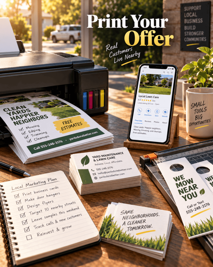 Local service business owner holding flyers and a phone with nearby customer inquiries while marketing pressure washing services in a residential neighbourhood.