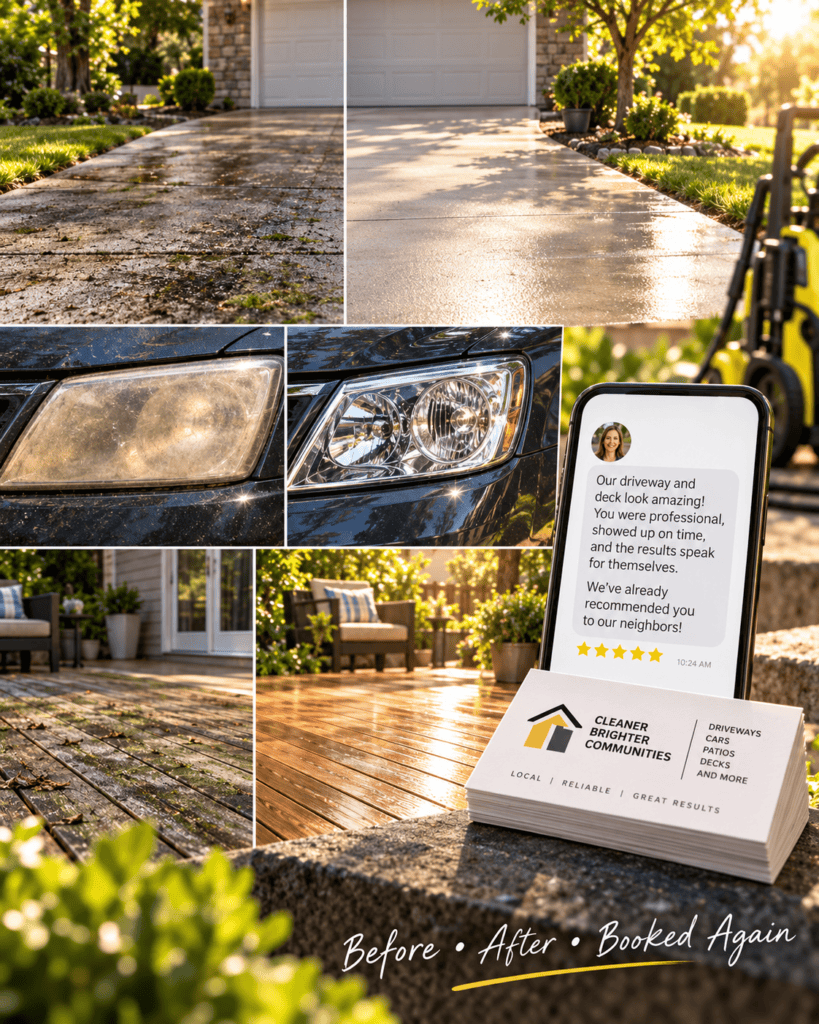 efore-and-after pressure washing and headlight restoration results alongside a five-star customer review and local service business cards.