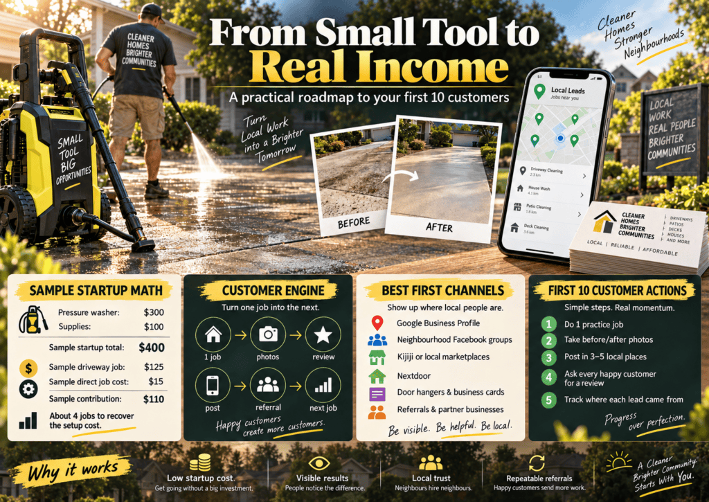 Local service business owner holding flyers and a phone with nearby customer inquiries while marketing pressure washing services in a residential neighbourhood.