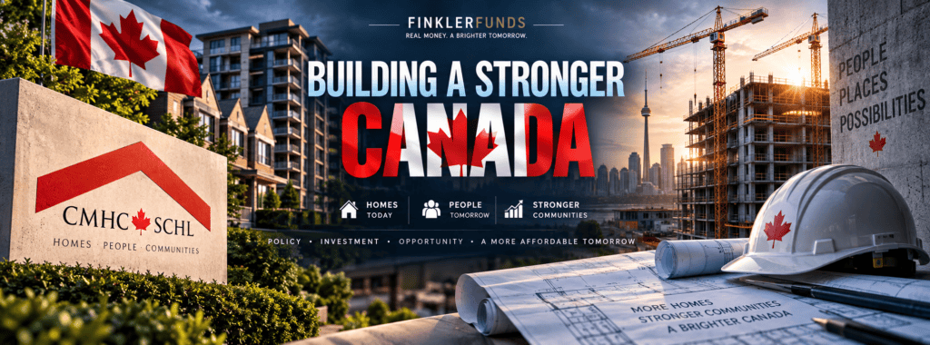 Canadian housing development with homes, construction cranes, blueprints and Canadian financial symbols representing CMHC housing policy.