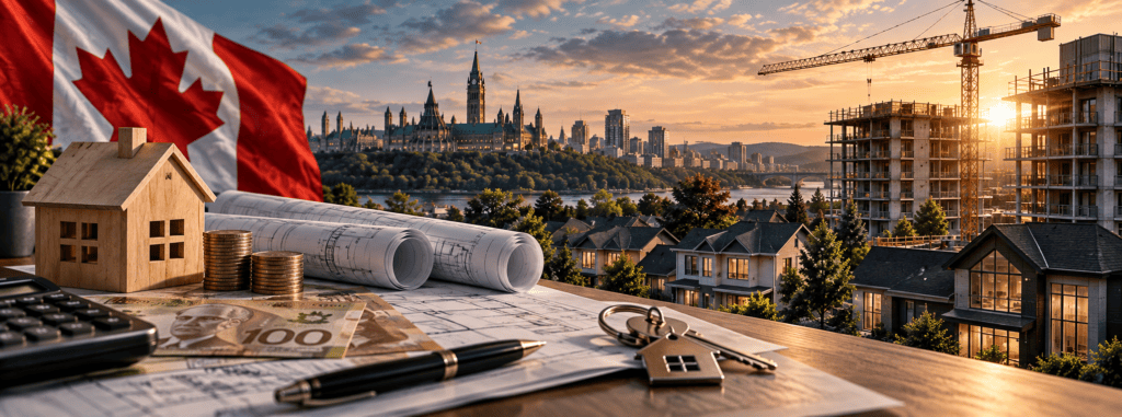 Canadian housing market with construction cranes, homes, Canadian money and Parliament representing CMHC housing spending.