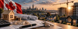 Canadian housing market with construction cranes, homes, Canadian money and Parliament representing CMHC housing spending.