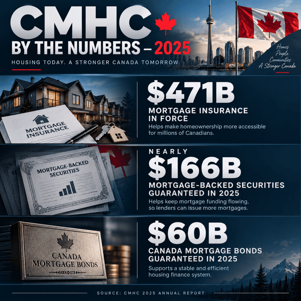 CMHC infographic showing $471 billion in mortgage insurance, $166 billion in mortgage-backed securities and $60 billion in Canada Mortgage Bonds.