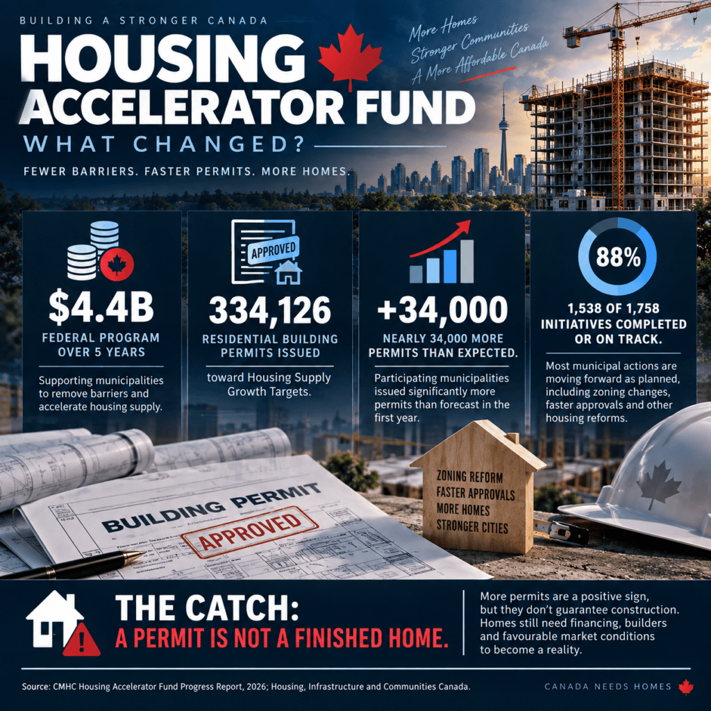 Housing Accelerator Fund infographic showing $4.4 billion in funding, building permits, zoning reform and municipal housing targets in Canada.