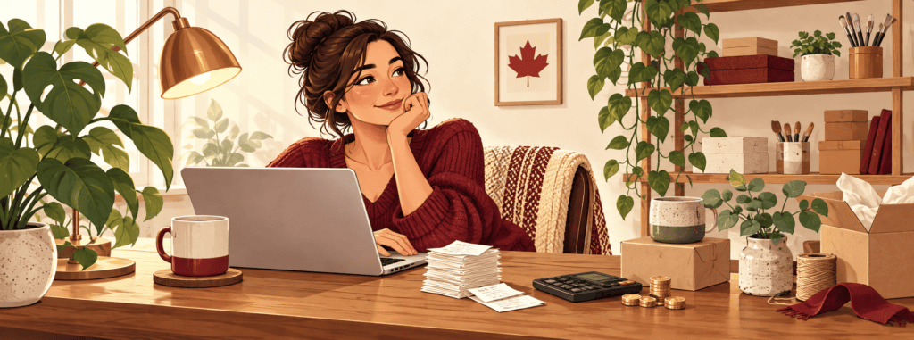 Cartoon entrepreneur in a home business workspace with a laptop, receipts, calculator, packaged orders, and plants.