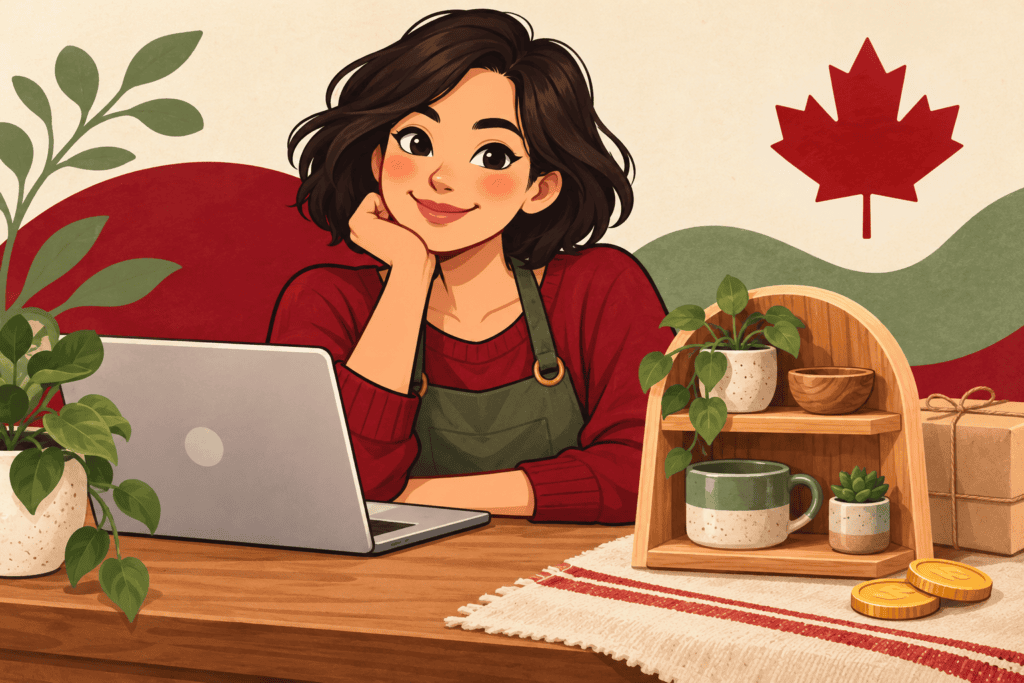 Cartoon Ontario sole proprietor working at a laptop beside handmade goods and a Canadian maple leaf.