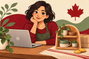 Cartoon Ontario sole proprietor working at a laptop beside handmade goods and a Canadian maple leaf.